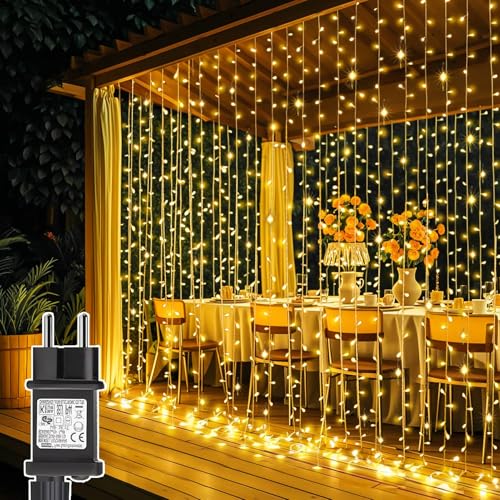 Joycome Tenda Luminosa Natale 300 LED 3x3m Luci Natale con Spina, Timer, 8 Modalit&agrave; Addobbi Natalizi per La Casa Impermeabile Cascata Luci per Finestra Balcone Festa Interno Esterno Decorazioni