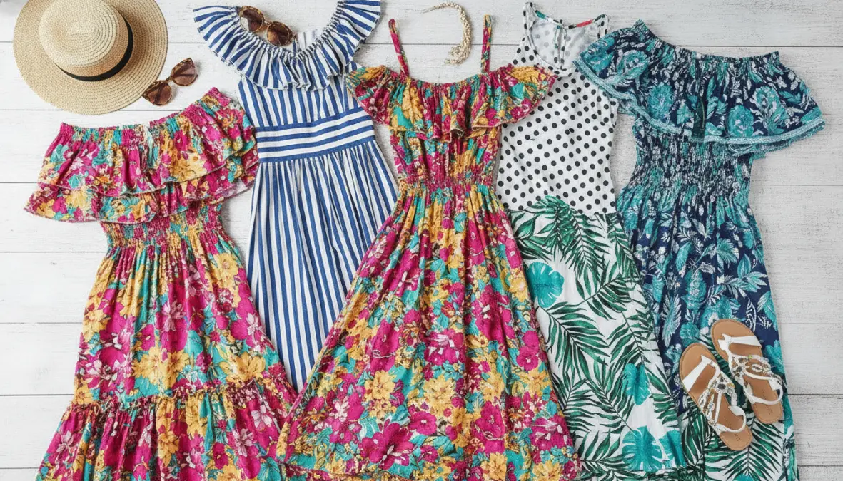 Tendenze moda estiva per abiti donna con stampe floreali, righe e fantasie colorate