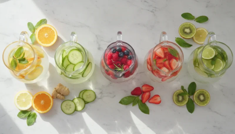 Diverse caraffe di acqua aromatizzata detox con frutta fresca e erbe aromatiche