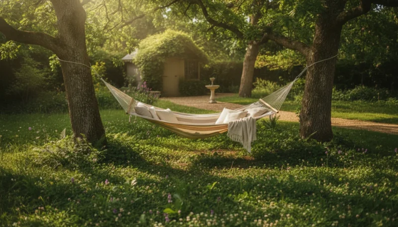 Amaca da giardino doppia sospesa tra alberi in uno spazio verde rilassante