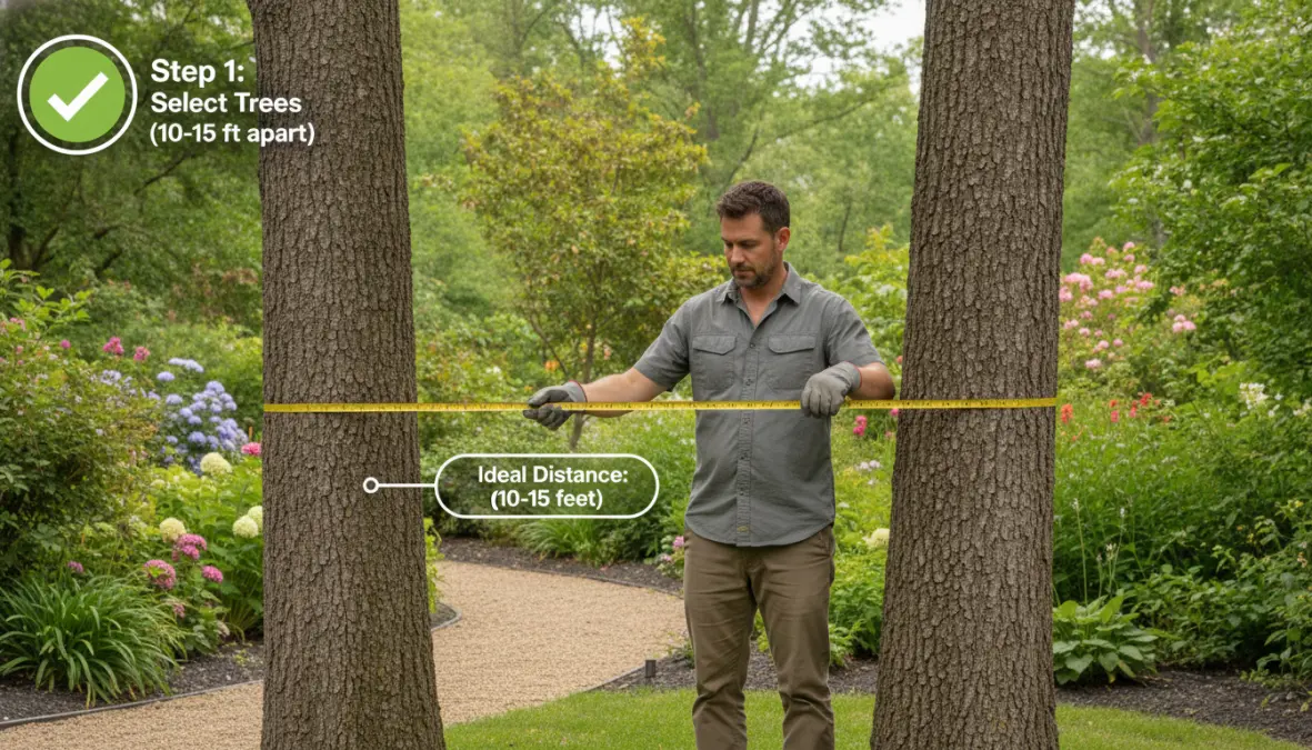 Installazione corretta di amaca da giardino tra alberi con sistema di ancoraggio
