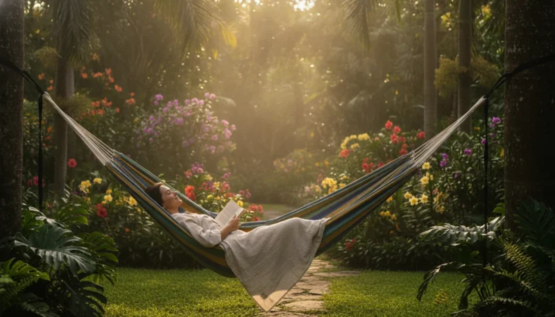 Amaca da giardino brasiliana installata tra alberi per relax outdoor perfetto
