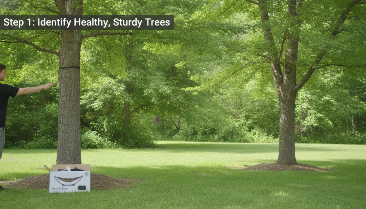 Installazione sicura di amaca da giardino tra alberi con cinghie protettive e ancoraggio corretto