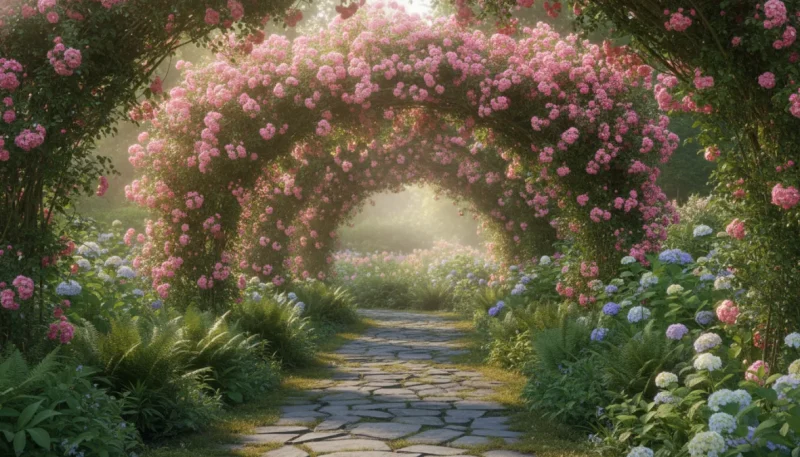 Arco da giardino fiorito coperto di rose rampicanti lungo un vialetto