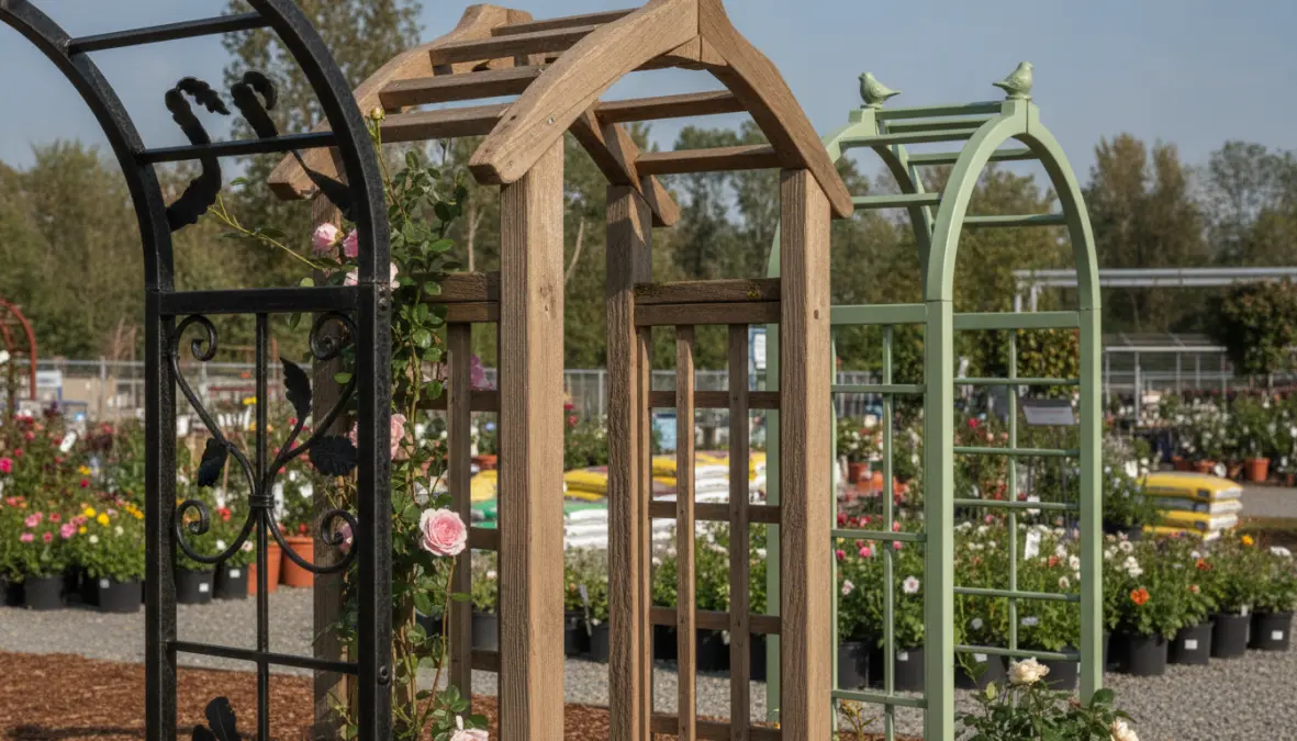 Confronto materiali per arco da giardino in ferro battuto, legno e metallo