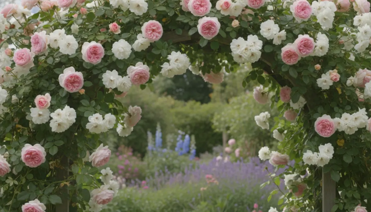 Rose rampicanti fiorite su struttura per arco da giardino
