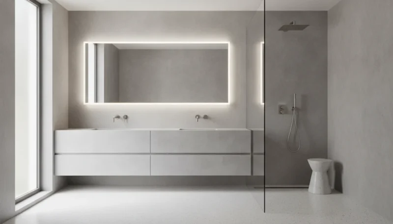 Bagno moderno con arredo minimalista, mobili sospesi e finiture in resina effetto cemento