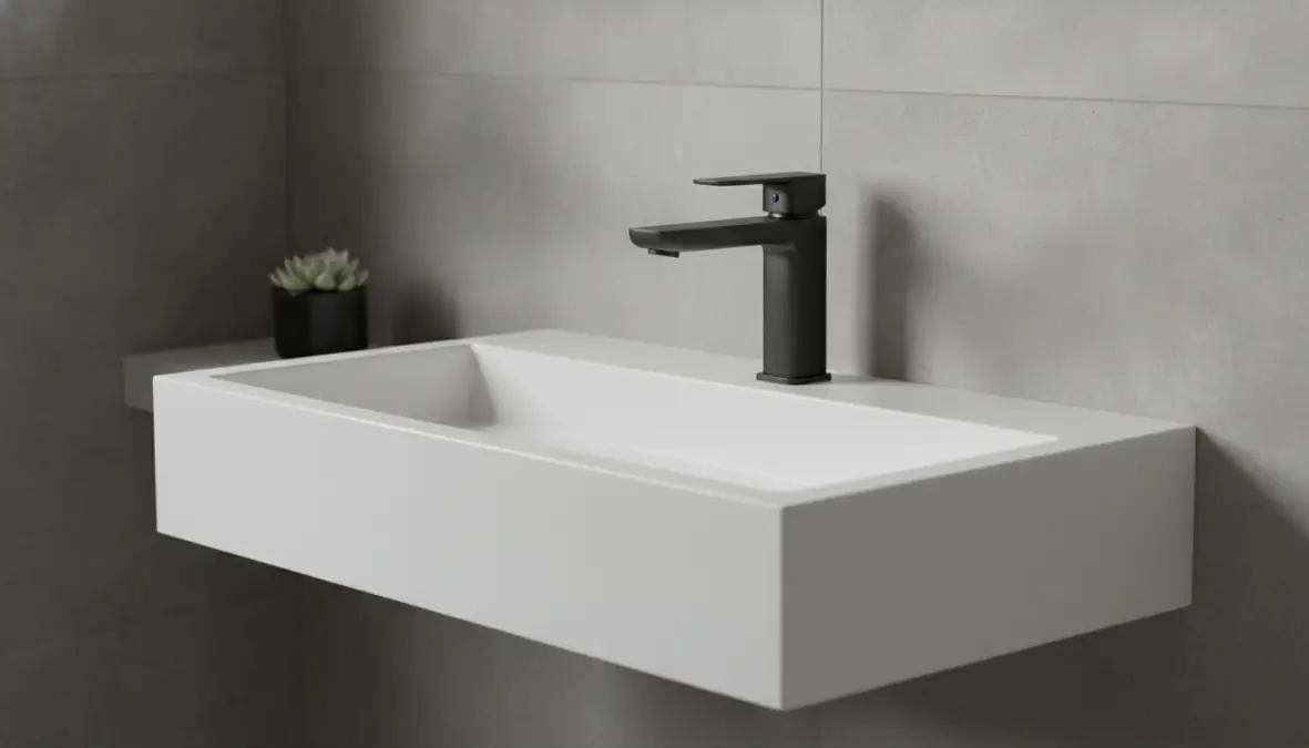 Dettaglio lavabo sospeso con rubinetteria minimal e rivestimento in resina effetto cemento per bagno moderno