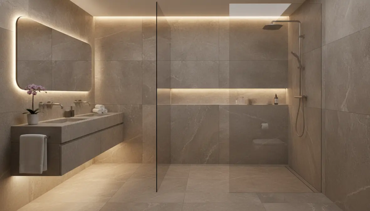 Doccia walk-in con piatto filo pavimento e rivestimenti in gres porcellanato per arredo bagno contemporaneo