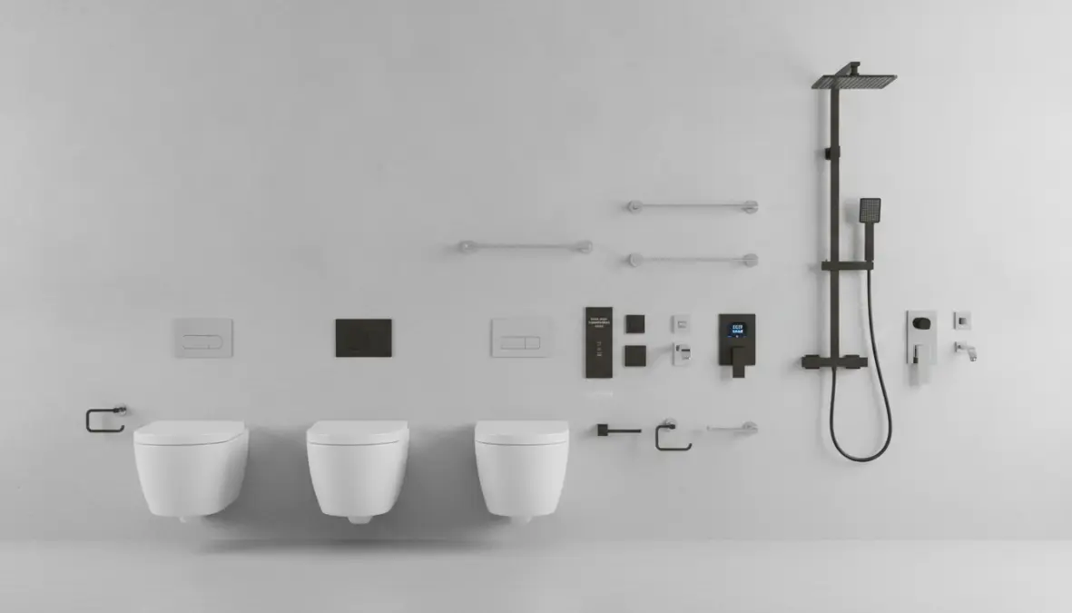 Sanitari bagno design sospesi con forme geometriche e finiture moderne