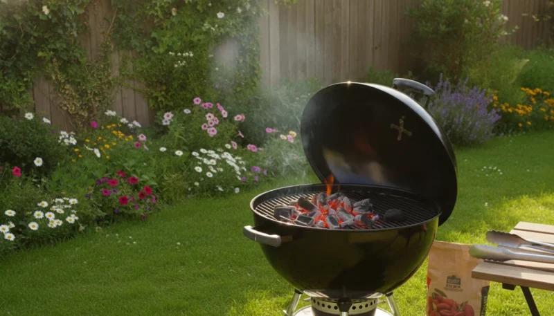 Barbecue a carbone kettle con coperchio aperto e carbonella accesa pronta per la grigliata