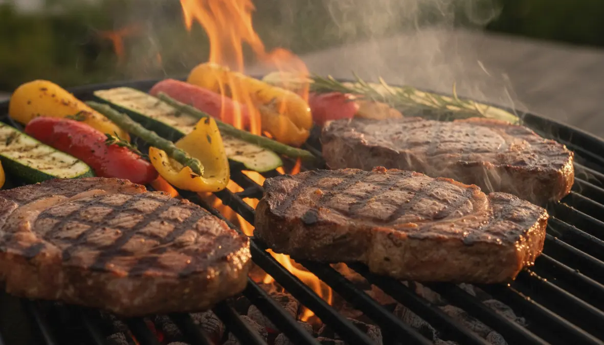 Bistecche e verdure che cuociono sulla griglia a carbone del barbecue con fiamme visibili