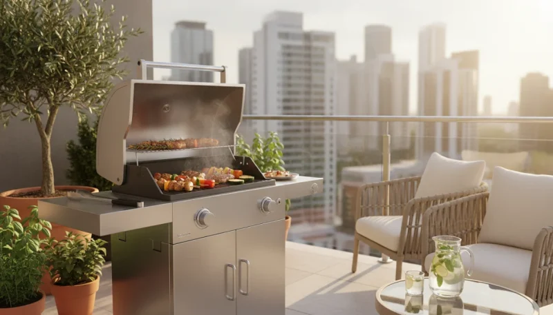 Barbecue elettrico moderno su balcone di appartamento con cibo in cottura