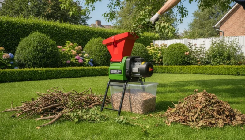 Biotrituratore da giardino in funzione per la triturazione di rami e scarti vegetali