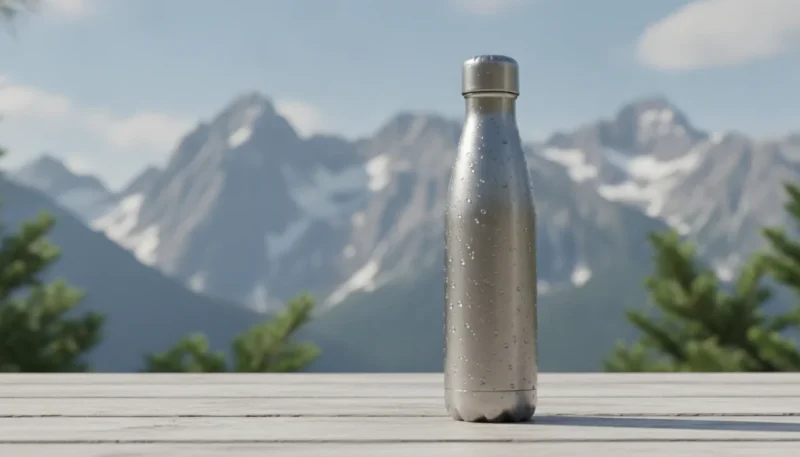Borraccia termica in acciaio inox su tavolo con paesaggio montano