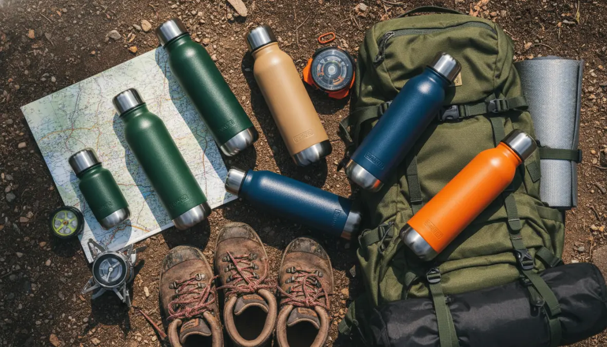 Diverse capacità di borracce termiche per sport ed escursioni disposte con attrezzatura outdoor