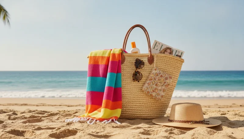 Borsa mare donna capiente sulla spiaggia con accessori estivi