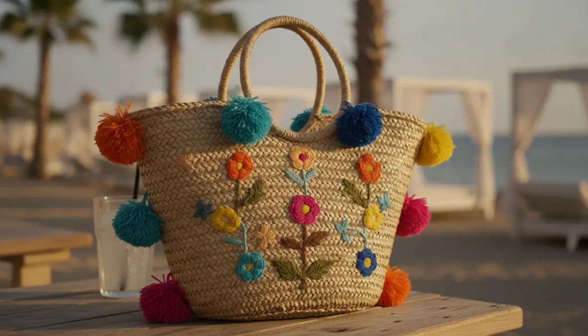 Borsa mare in paglia con dettagli decorativi colorati