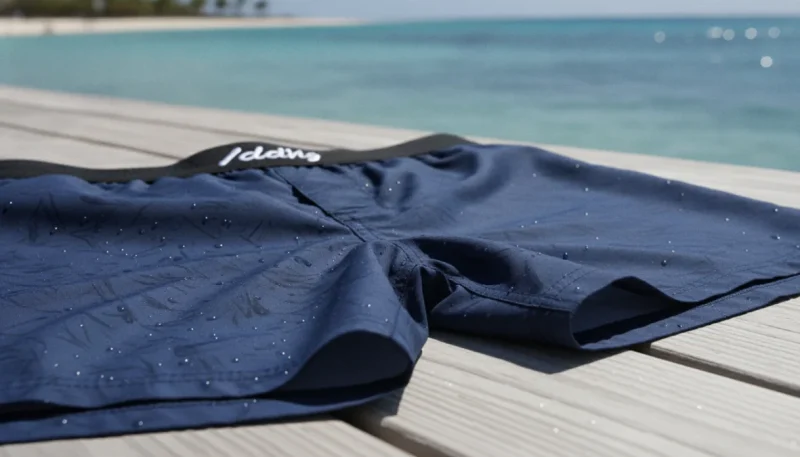 Boxer mare uomo moderni su sfondo mare, dettaglio tessuto tecnico ad asciugatura rapida