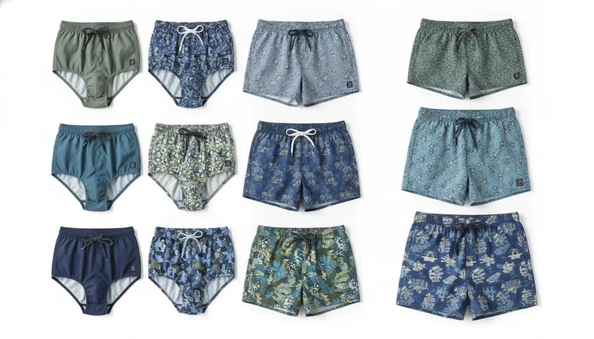 Diversi modelli di costume boxer uomo con fodera interna e vita elastica, confronto stili