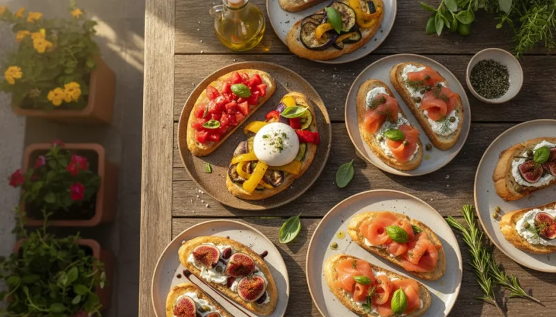 Bruschette estive creative con ingredienti freschi disposte su tavolo in legno