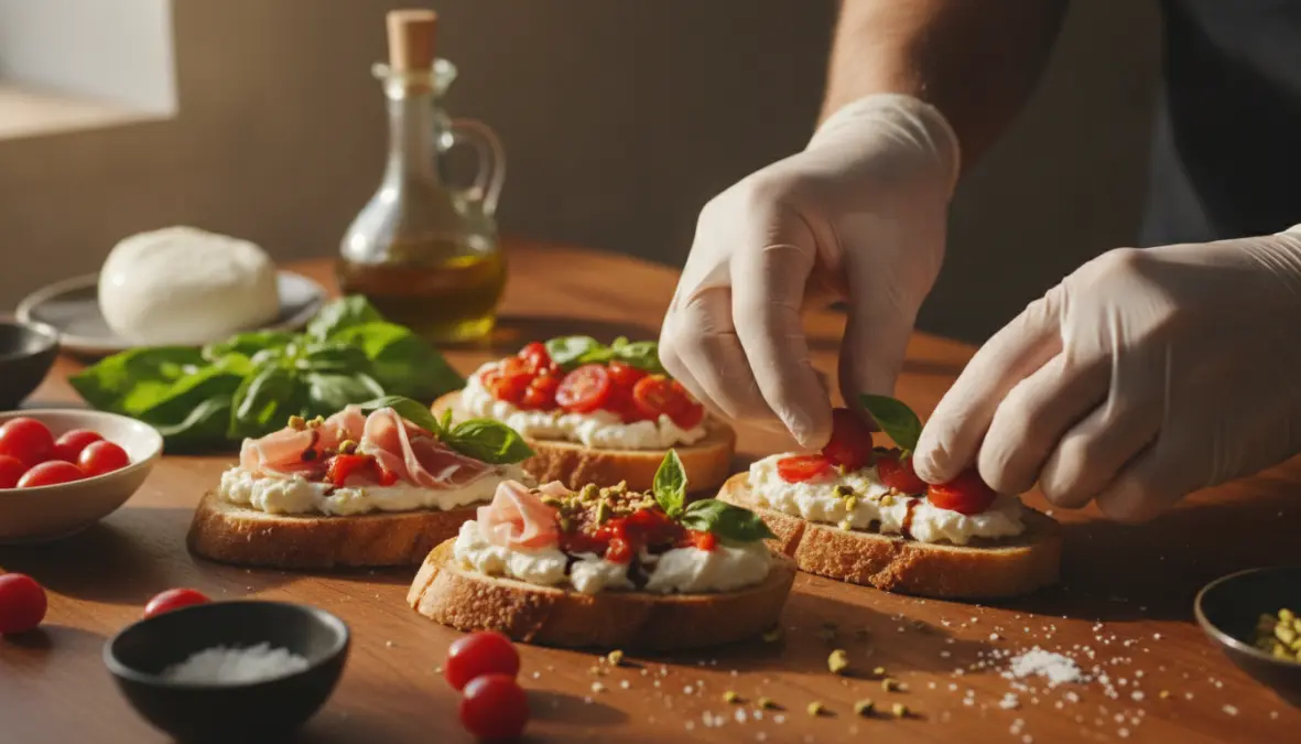 Preparazione di bruschette gustose con pomodorini freschi e basilico su pane tostato