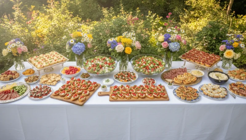 Buffet estivo elegante allestito in giardino con ricette fredde e finger food colorati