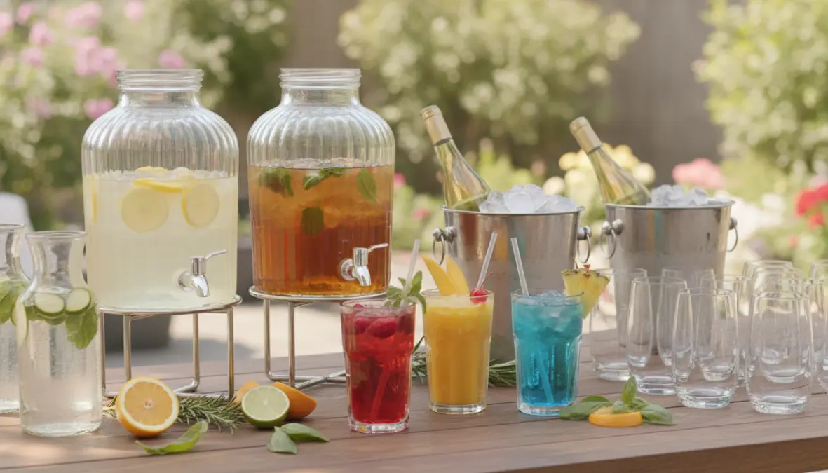 Stazione bevande fresche per buffet estivo con cocktail e bibite