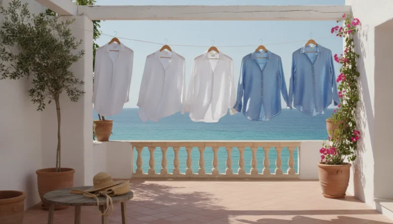 Camicia lino donna in vari modelli e colori esposti in ambiente estivo mediterraneo