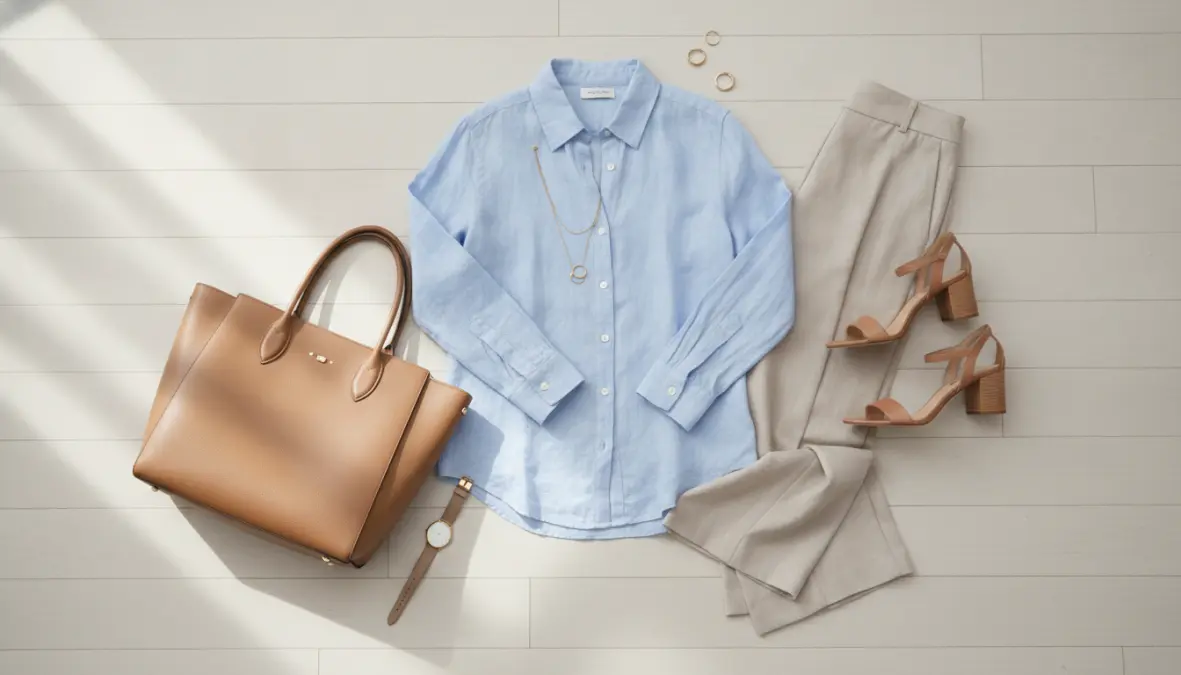 Abbinamento elegante camicia lino azzurra donna per ufficio estivo