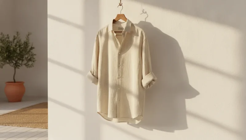 Camicia lino uomo elegante appesa in ambiente mediterraneo con luce naturale estiva