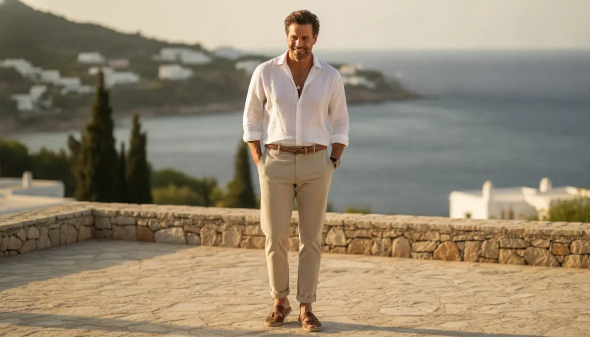 Outfit estivo elegante con camicia lino bianca uomo e pantaloni chino stile mediterraneo