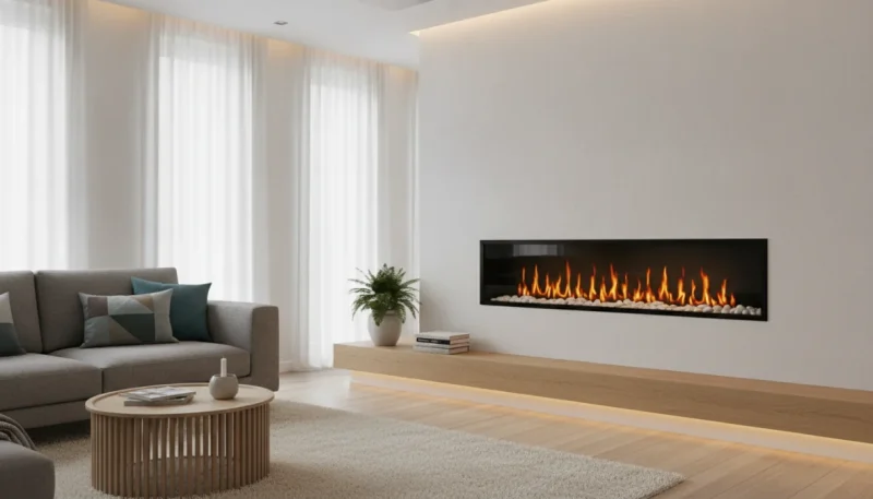 Camino elettrico moderno da parete con effetto fiamma LED in soggiorno contemporaneo