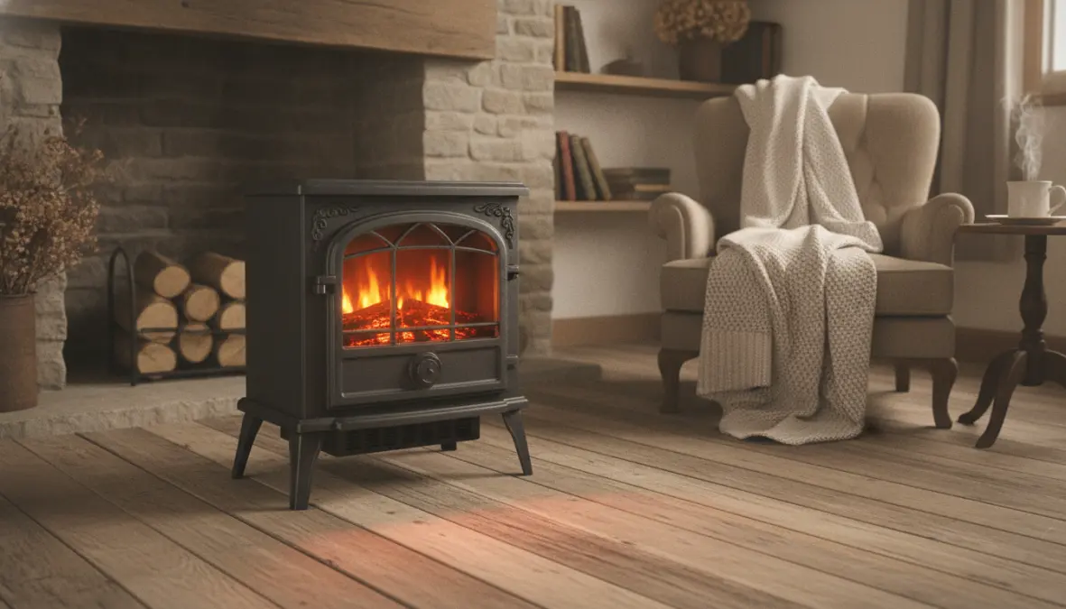 Stufa elettrica effetto camino in stile classico con design vintage portatile