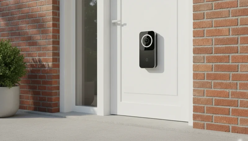 Campanello smart moderno con telecamera installato su porta d'ingresso di casa