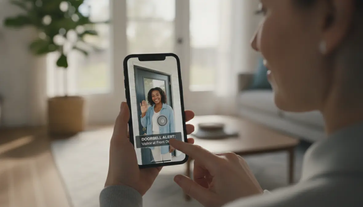 Smartphone con notifica push di campanello smart che mostra video in tempo reale del visitatore