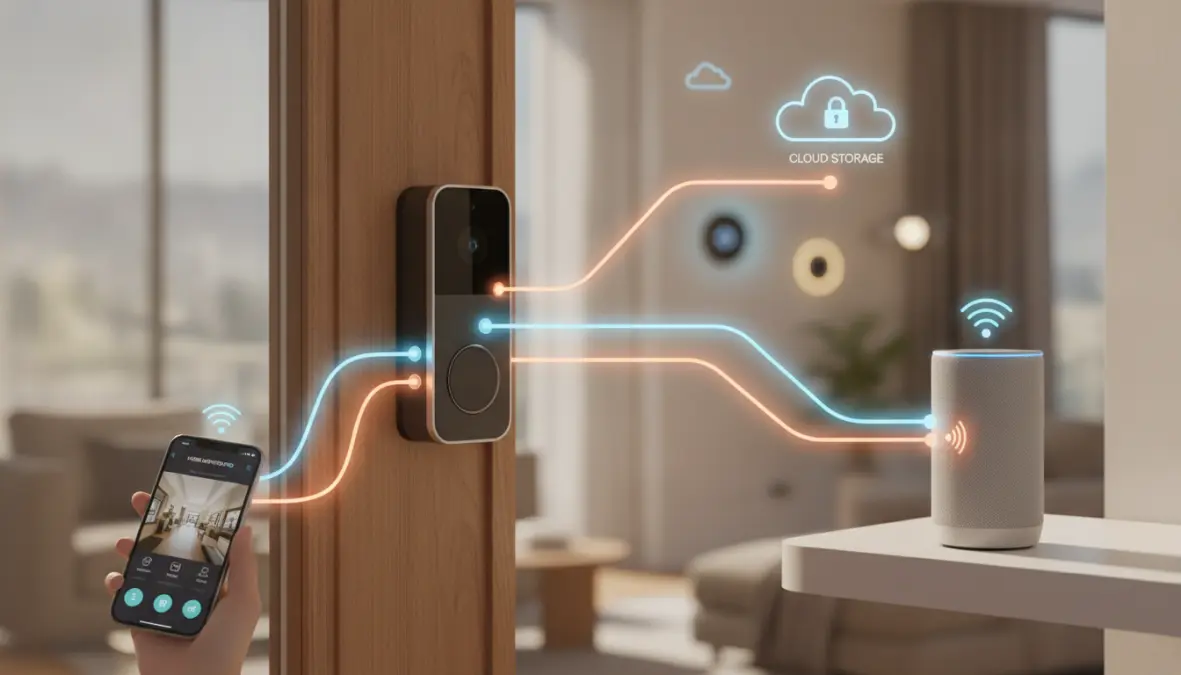 Ecosistema domotica casa con campanello intelligente connesso ad app mobile e assistenti vocali