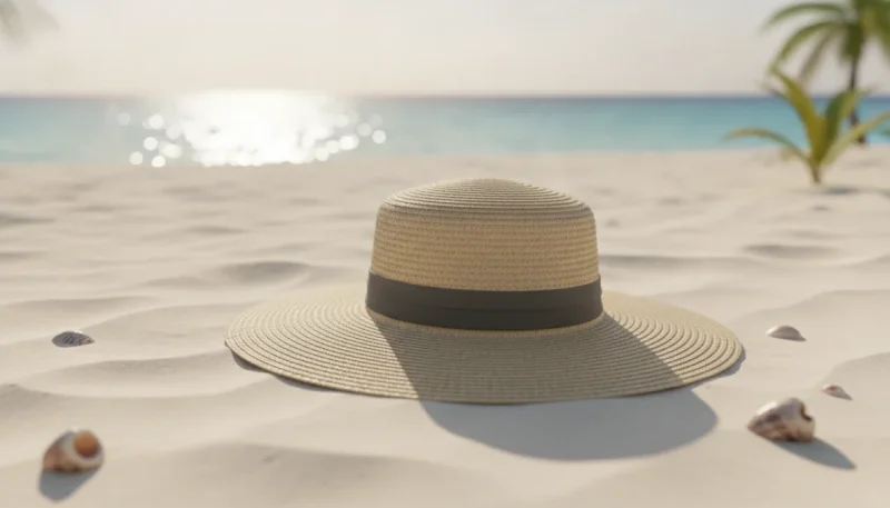 Cappello da sole con tesa larga su spiaggia per protezione dai raggi UV
