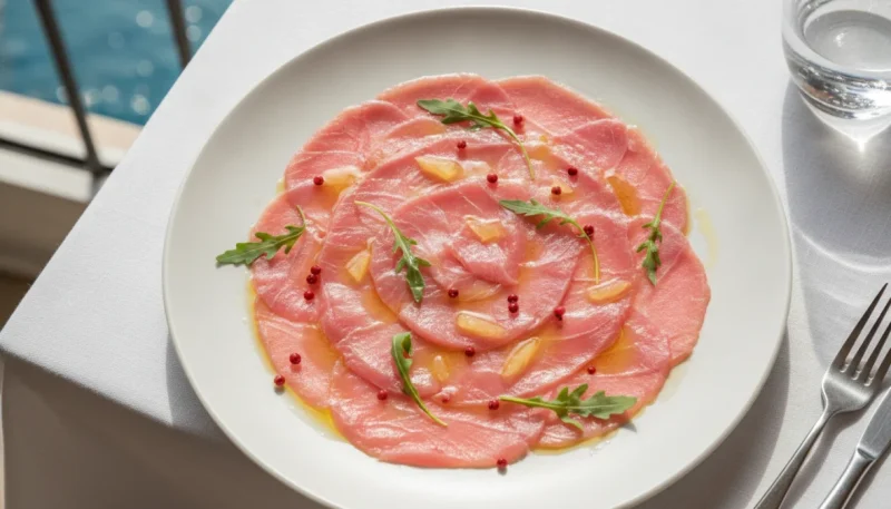 Elegante piatto di carpaccio di pesce crudo con condimento olio e limone, antipasto estivo fresco