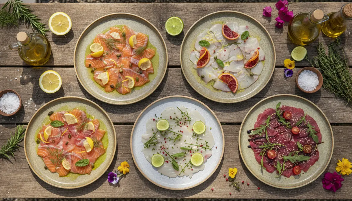 Selezione di carpaccio di tonno, pesce spada, salmone e branzino, ricette carpaccio estive fresche
