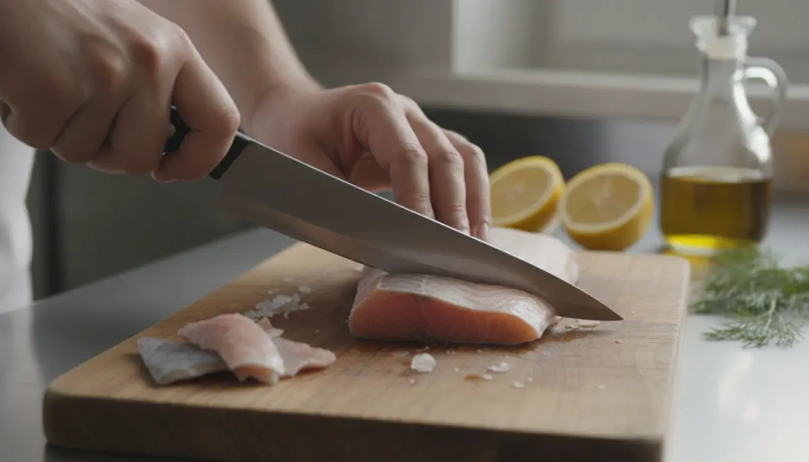 Come preparare carpaccio di pesce fresco, tecnica di taglio professionale con coltello affilato