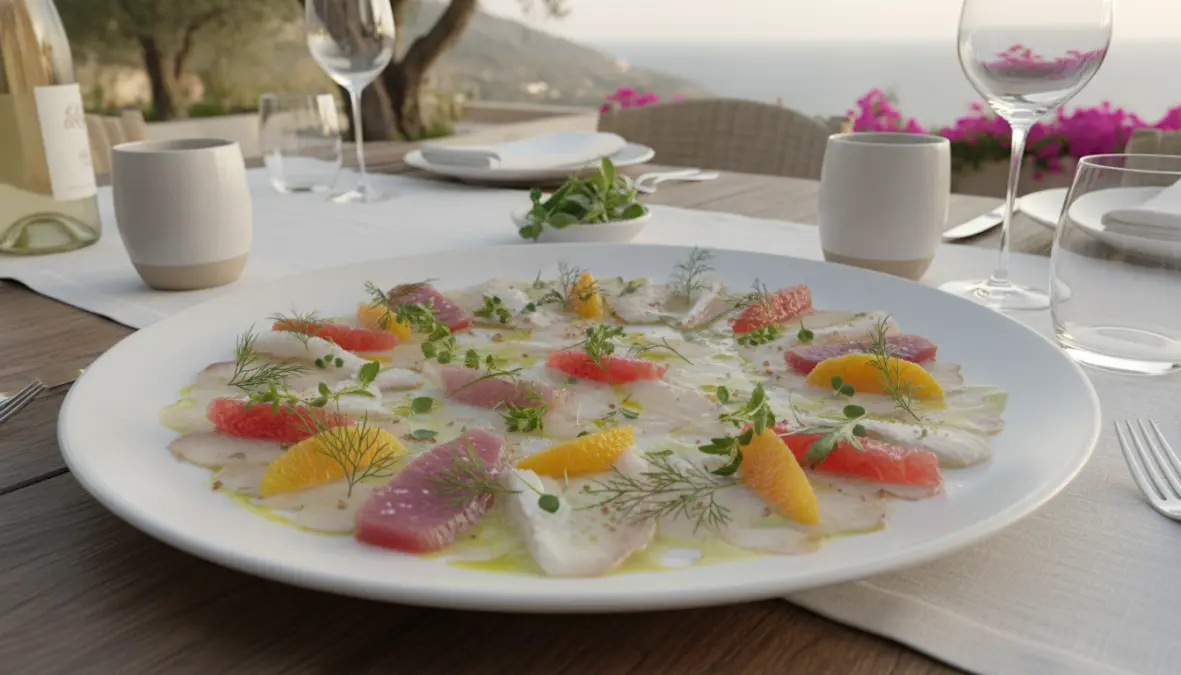 Carpaccio di pesce marinato servito su piatto freddo, perfetto antipasto per cena estiva
