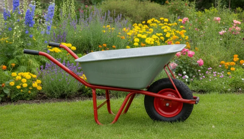 Carriola da giardino professionale con vasca zincata in un giardino verde