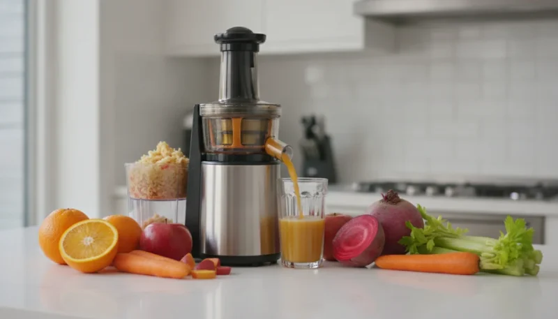 Centrifuga moderna in funzione con frutta fresca e succo d'arancia appena preparato