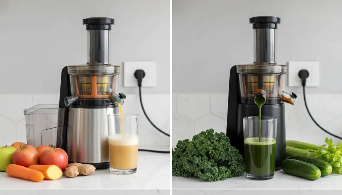 Confronto visivo tra centrifuga ed estrattore a freddo con bicchieri di succo fresco