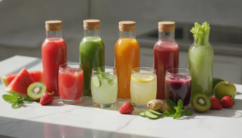 Centrifugati estivi detox colorati con frutta e verdura fresca di stagione