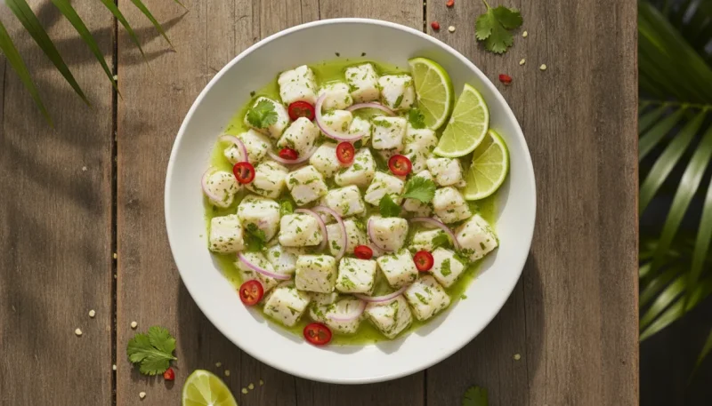 Ceviche di pesce fresco marinato con lime e agrumi, ricetta peruviana estiva