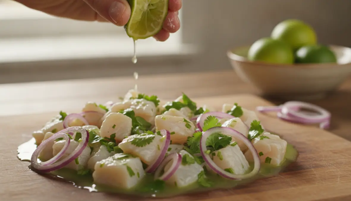 Preparazione ceviche peruviano con pesce fresco e marinatura al lime