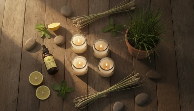 Prodotti alla citronella anti-zanzare: candele, olio essenziale e pianta fresca di lemongrass