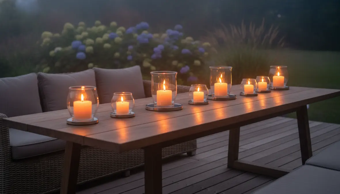 Candele alla citronella accese su tavolo da esterno per protezione antizanzare naturale